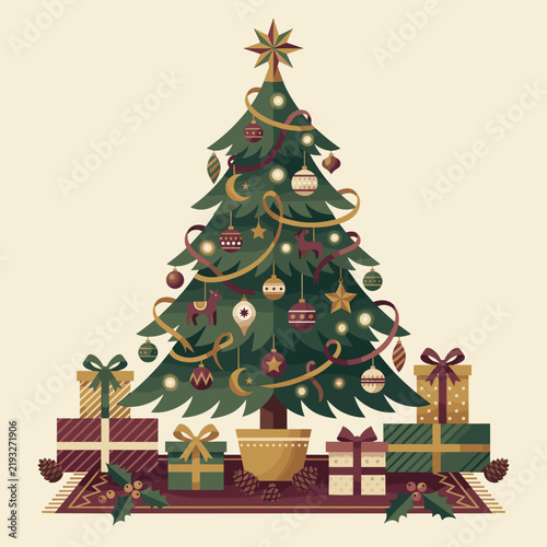 Festive Christmas Tree Decorated with Ornaments and Gifts Below on a Rug