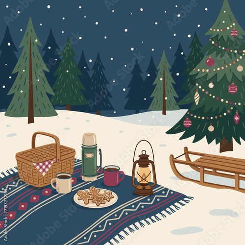 Cozy Winter Forest Christmas Picnic Scene with Decorated Tree and Sled