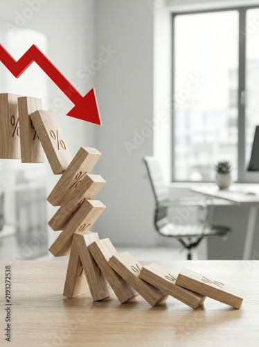 Row of percentage marked wooden blocks toppling in a domino chain effect