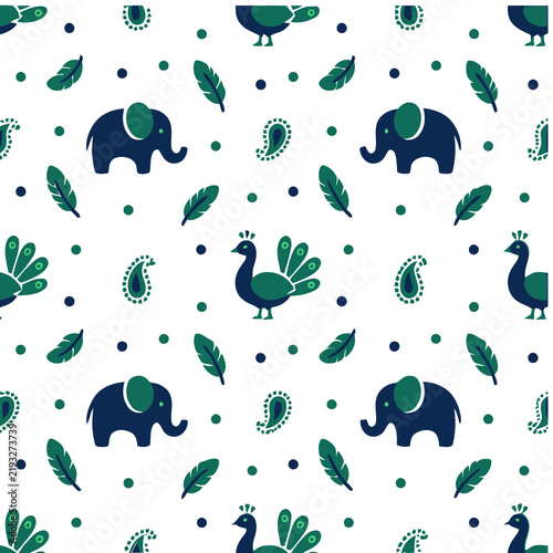 Seamless pattern with elephants, peacocks, and paisley
