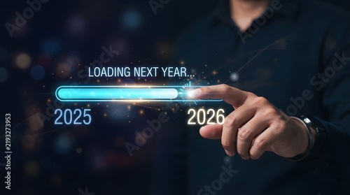 Businessman touching digital timeline with loading new year 2025 progress bar