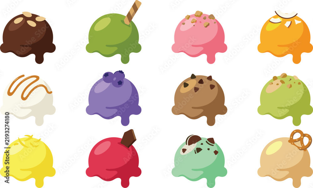Fototapeta premium Colorful ice cream scoops set, sweet frozen desserts featuring various flavors for summer menu vector graphic