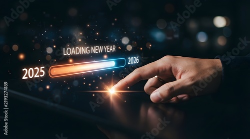 Businessman touching digital timeline with loading new year 2025 progress bar