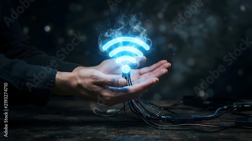 Hand holding glowing wireless connection symbol on dark background with technology concept