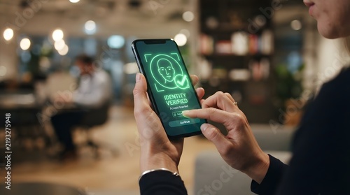 Person using smartphone with green security app interface in blurred indoor cafe