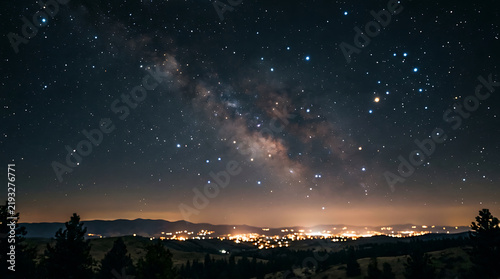 Night sky with milky way over city lights