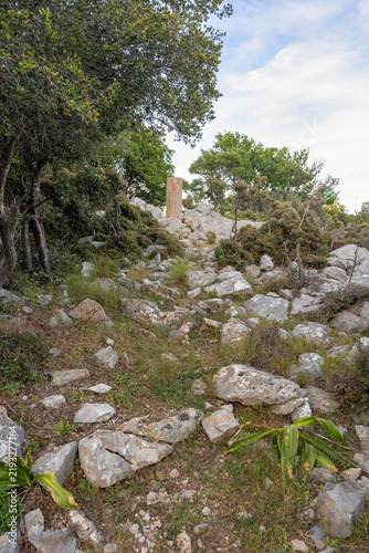 Rocky hiking trail on Kalovoulos mountain, Alonissos, Greece