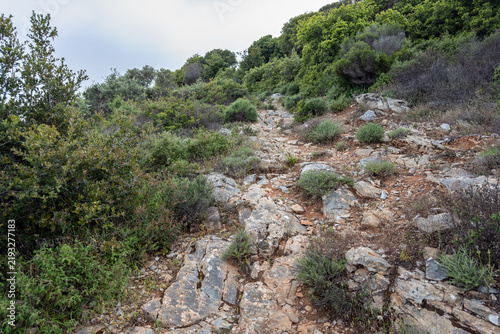 Rocky hiking trail on Kalovoulos mountain, Alonissos, Greece