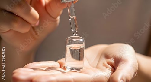 Close-up of a hand holding a small glass bottle with a dropper dispensing clear liquid, likely a cosmetic serum or essential oil for skincare.