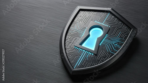 Glowing AI cloud shield security protection cyber lock network data system technology safe digital information privacy server defense