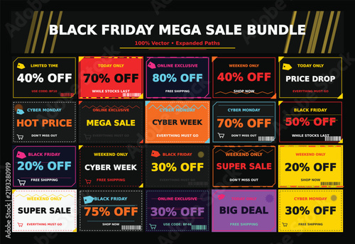 Black friday mega sale bundle with colorful discount labels on dark background.