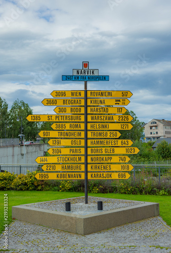 Wegweiser mit Entfernungsangaben in Narvik, Nordland, Norwegen
