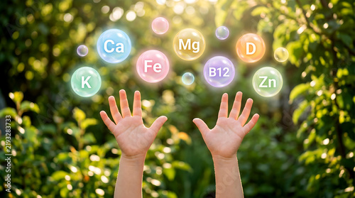 Child hands reaching for essential vitamins and minerals floatin