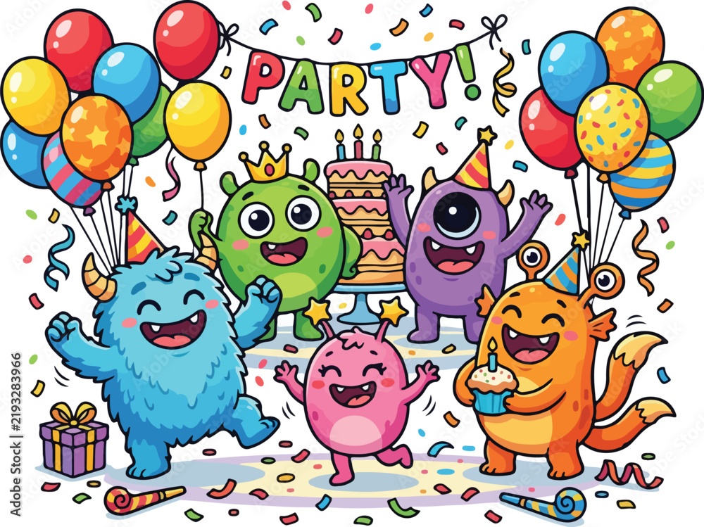 Fototapeta premium Cute colorful monsters celebrating a birthday party with balloons cake and confetti