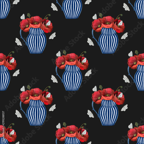 Watercolor seamless pattern with red poppies in blue-white striped vases on black.