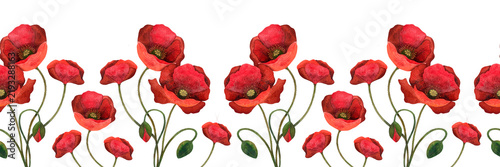 Seamless watercolor poppy border on white.