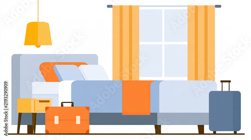 transparent hotel room vector illustration with bed and window