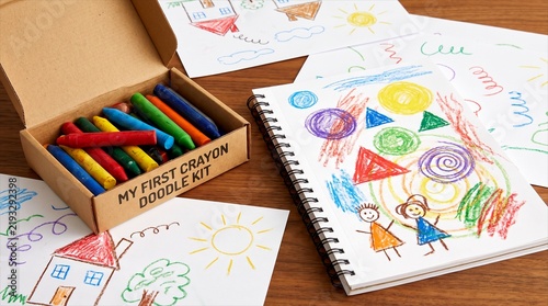 Colorful crayon set with children s drawings and a doodle kit box on a wooden surface
