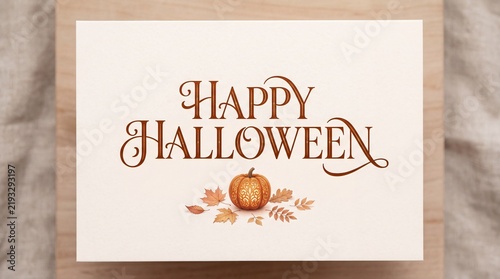 Minimalist Happy Halloween greeting card with a small pumpkin and autumn leaves on a linen background