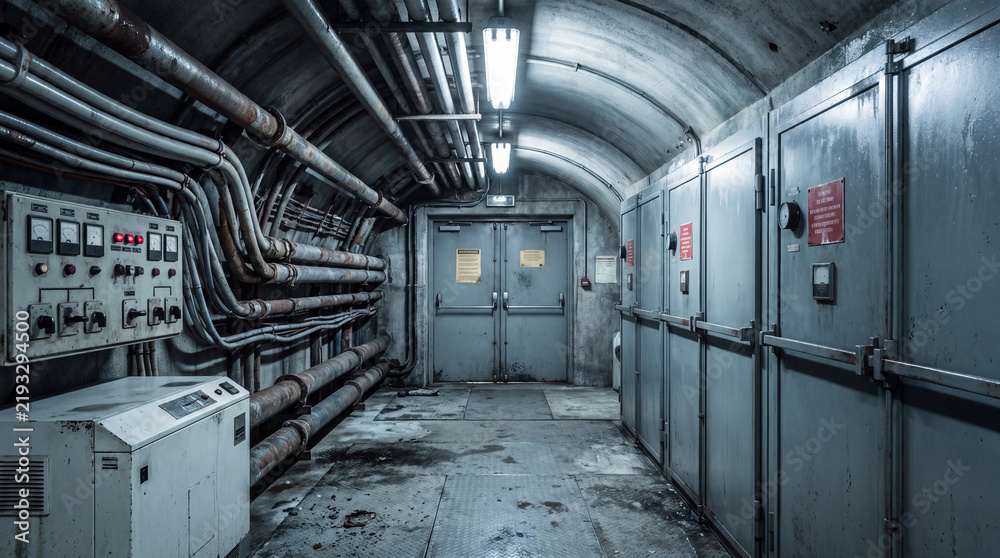 Fototapeta premium Dark atmospheric abandoned underground concrete bunker corridor with heavy metal doors, thick industrial pipes, electrical panels and cold bright fluorescent lights.