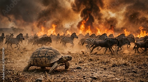Turtle Escapes Wildfire With Stampeding Herd