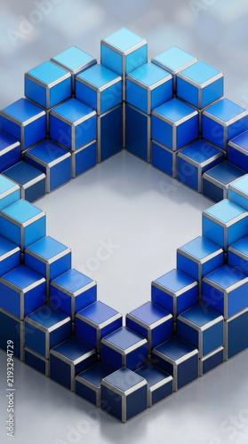 wide-angle commercial stock background featuring an isometric frame constructed from clustered cubic blocks and geometric steps. The modular cubes showcase a gradient of blues from dark midnight 