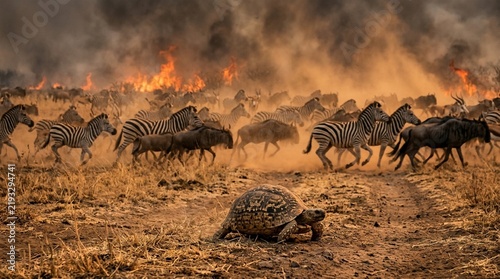 Wild animals flee wildfire in African savanna, zebras, wildebeest, tortoise.