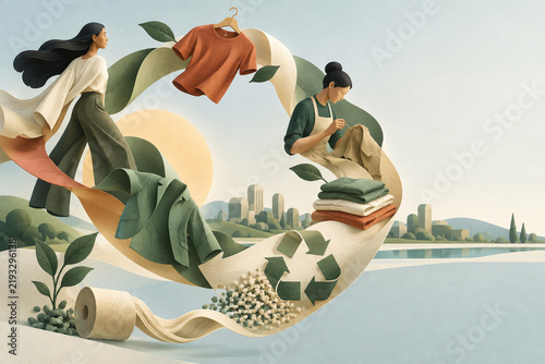 Circular fashion represented by garments flowing through repair