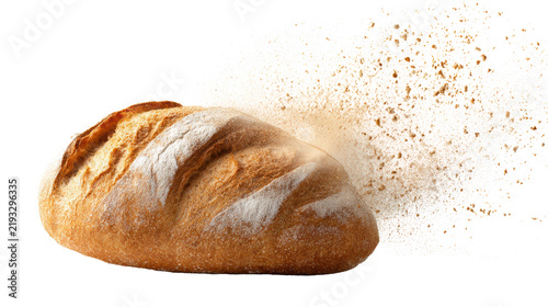 Rustic artisan bread loaf with flour dust burst and flying crumbs isolated on transparent background