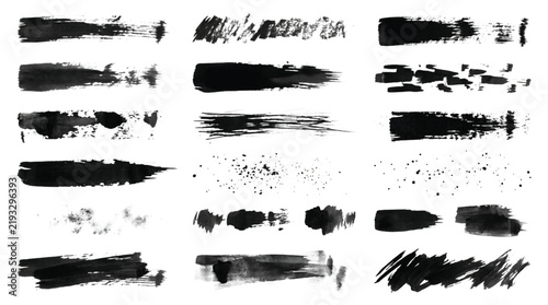Vector black ink brush strokes and paint splatters set
