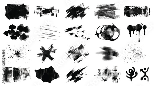 Black Grunge Brush Strokes Ink Splatters and Paint Texture Elements Set