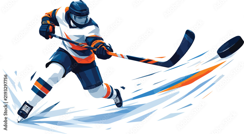 Fototapeta premium Ice hockey player shooting puck with abstract ice and motion graphics