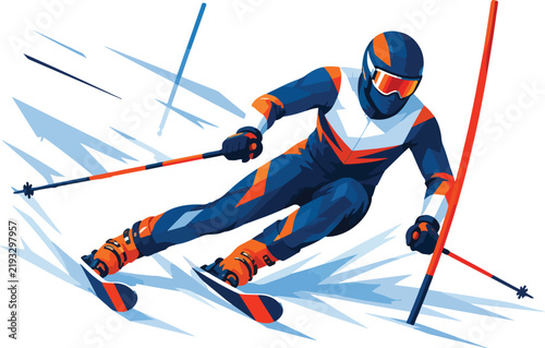 Skier in racing suit on white background with abstract snow trails