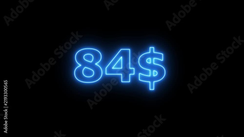 Abstract beautiful blue neon dollar number countdown animation from 0 to 200 on dark background. Glowing neon dollar countdown timer 4k animation.