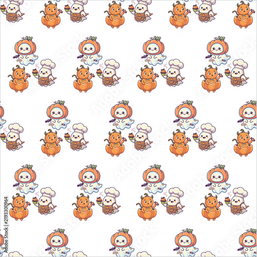 Cute Halloween ghost and pumpkin monster trio seamless pattern
