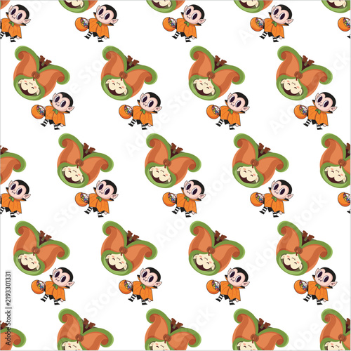 Cute Halloween vampire boy and sleeping bat duo seamless pattern