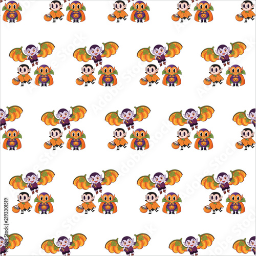 Cute Halloween vampire boy and bat trio seamless pattern