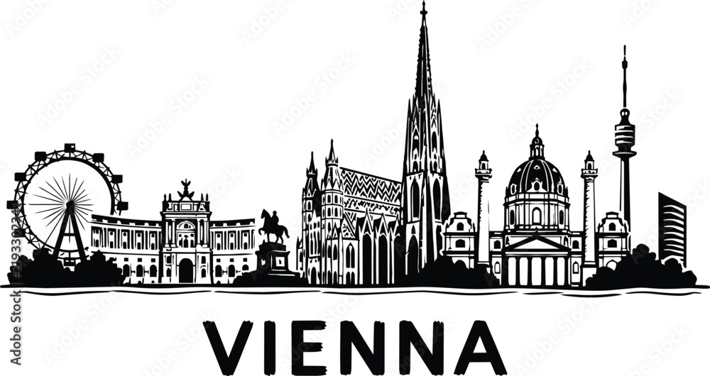 Fototapeta premium Vienna Austria skyline landmarks silhouette with Riesenrad St Stephen's Cathedral and Karlskirche church