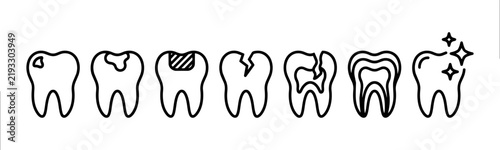 Dental Caries and Tooth Decay Icon Set, Dentistry, Dental Health and Whitening Line Symbols