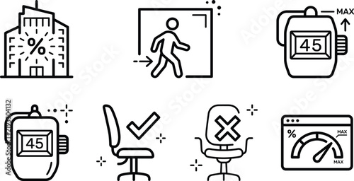 Fotografie Building capacity limit office occupancy icon set vector illustration with desk