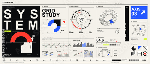 Structured vector graphic system featuring geometric forms technical diagrams data charts and bold Swiss-style typography