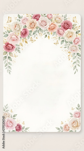 Vertical Aesthetic Floral Arch Wallpaper With Soft Pastel Watercolor Roses And Gold Foil Butterflies