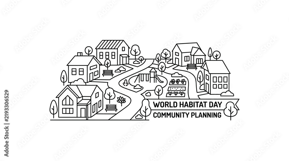 Fototapeta premium Suburban neighborhood community planning line art illustration with houses and playground