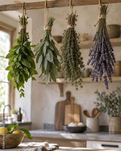 Hanging Culinary Herbs Drying in Rustic Kitchen Interior