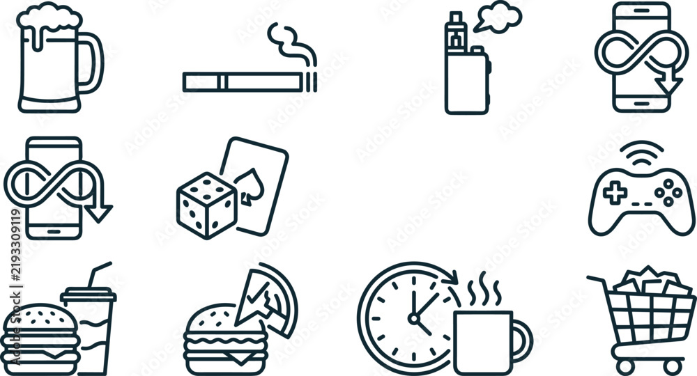 Fototapeta premium Unhealthy Habits and Addiction Line Icon Set Featuring Smoking, Alcohol, Gambling, Fast Food, Shopping, and Infinite Smartphone Screen Time Concepts