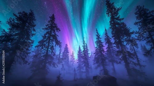 Mystical forest reflection with aurora lights