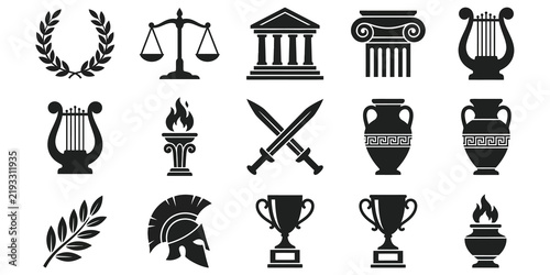 Ancient greece culture and roman empire era black silhouette vector icons collection.
