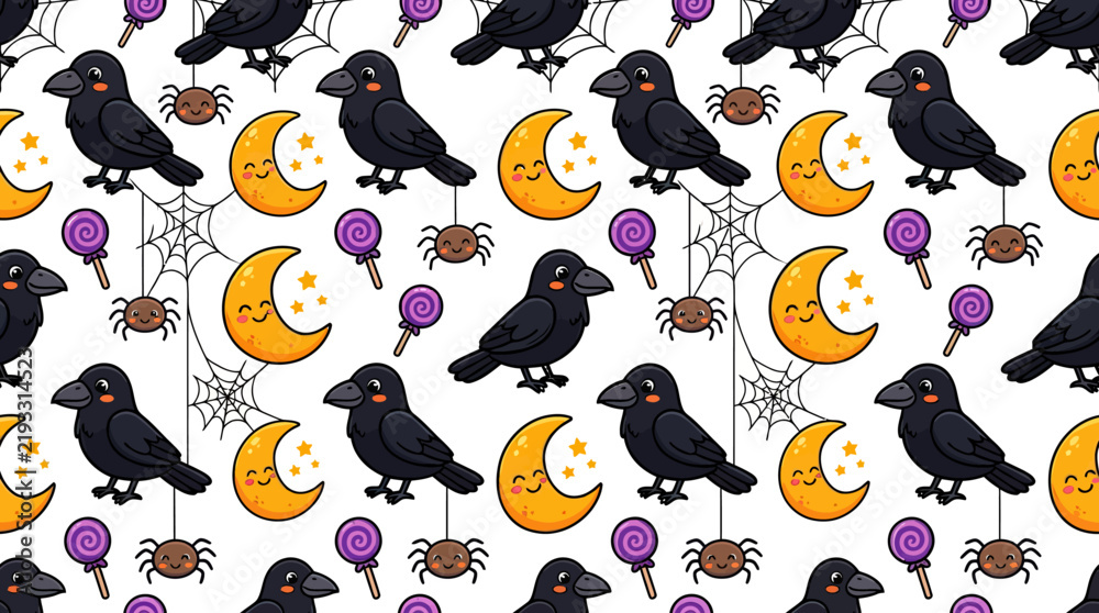Fototapeta premium Seamless Pattern with Kawaii Halloween Crows Moon and Spiders