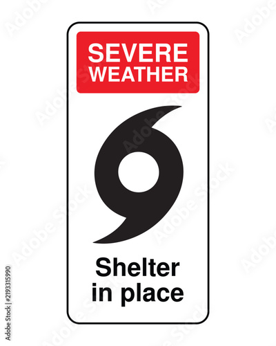 Severe Weather Shelter Sign – Hurricane Symbol with Shelter in Place Instruction – High Quality Vectorial Stock Image
