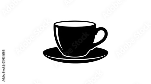 Elegant black silhouette icon of a coffee cup and saucer, isolated on white. Perfect for cafe, breakfast, restaurant, and hot beverage design elements.